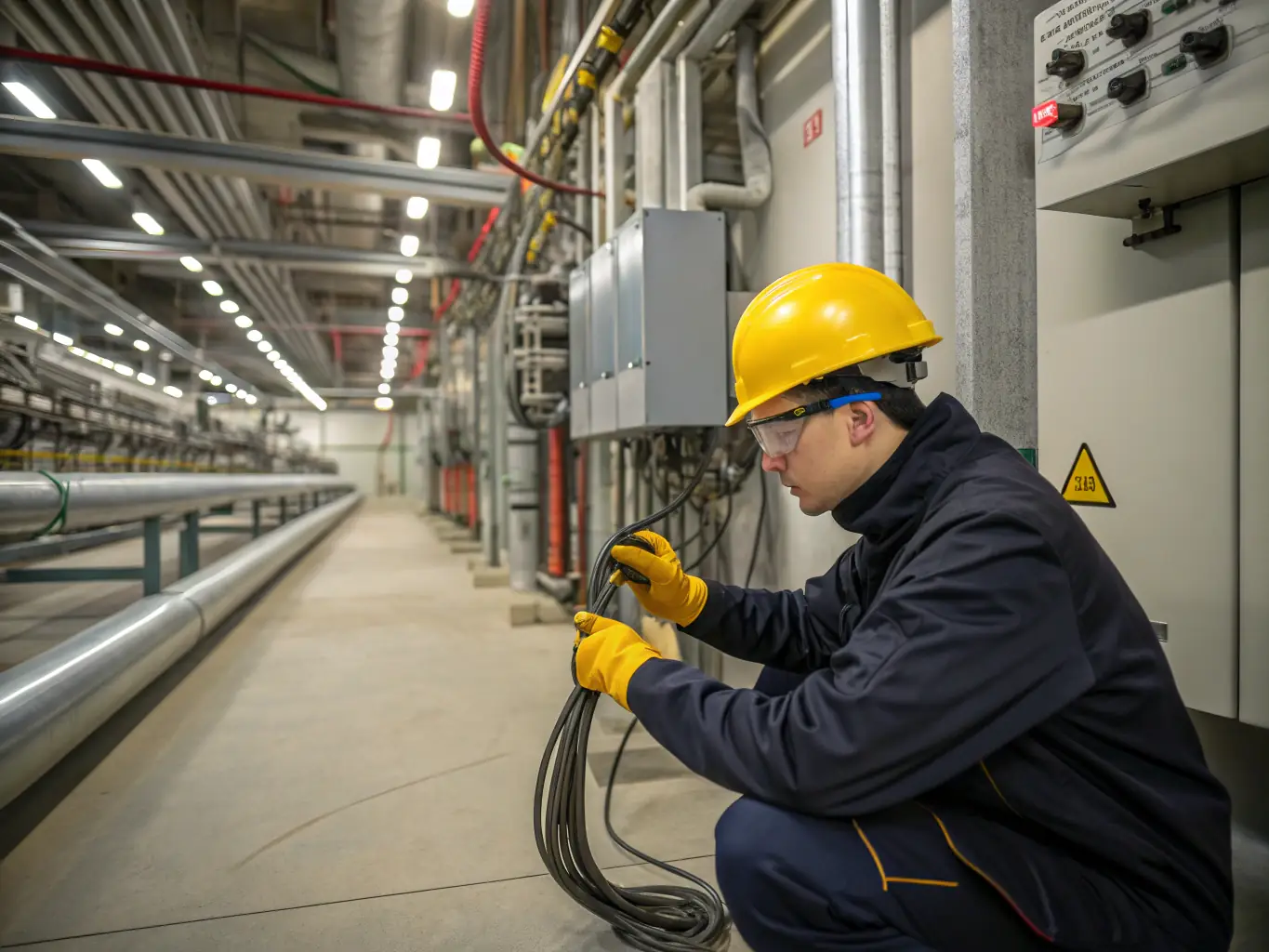 A technician working on electrical systems in an industrial setting, emphasizing hands-on training and practical skills.